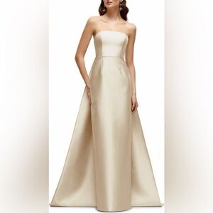 Alfred Sung Strapless Satin Twill Column Gown with Removable Train Champagne
